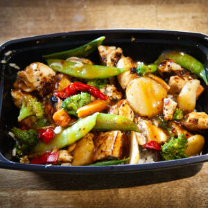 Yum Yum Chicken with stir fry veggies and jasmine rice