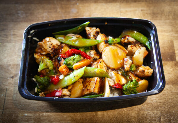 Yum Yum Chicken with stir fry veggies and jasmine rice