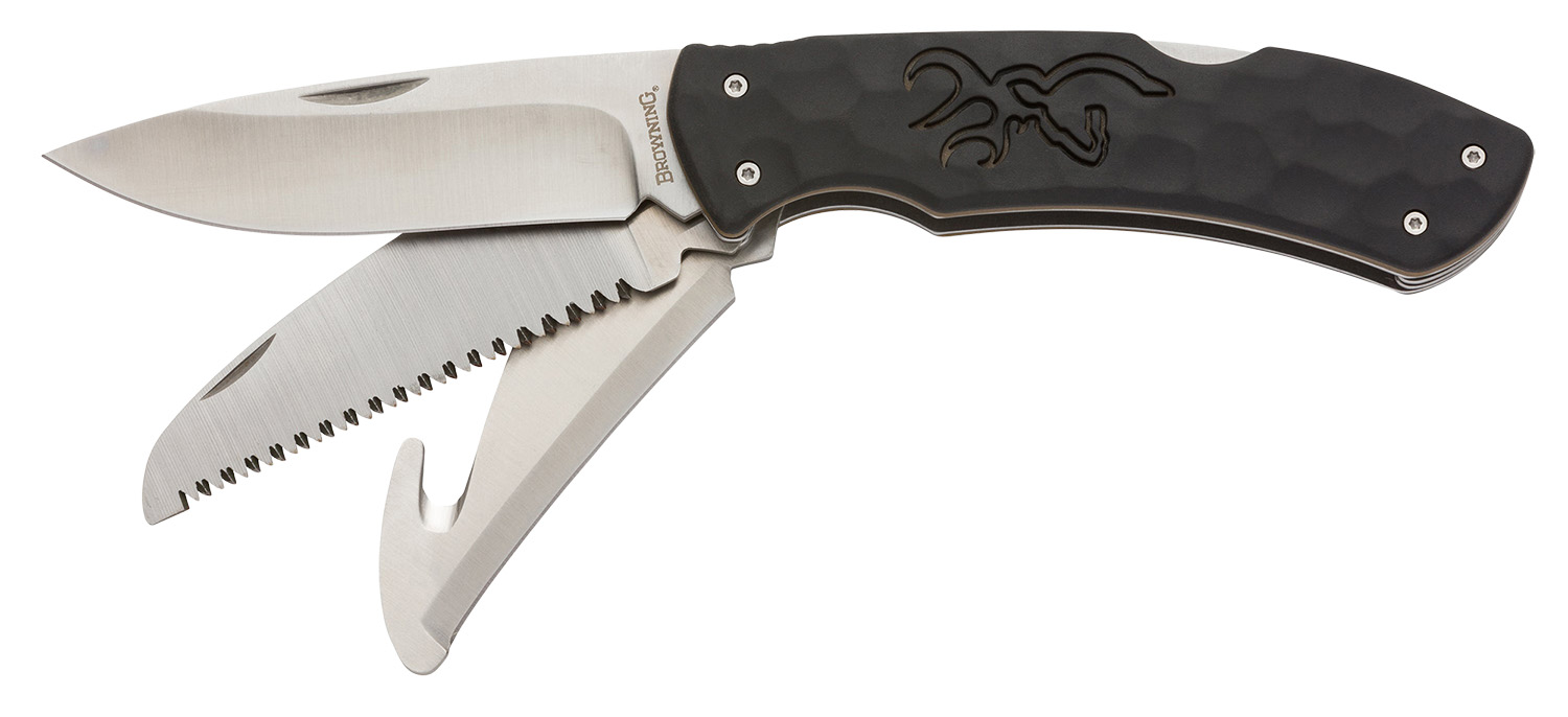 Browning 3220430 Primal Kodiak Slim 3.75" Folding Drop Point/Gut Hook/Saw 8Cr13MoV SS Blade Black Polymer w/Rubber Overmold Handle Includes Nylon Belt Pouch
