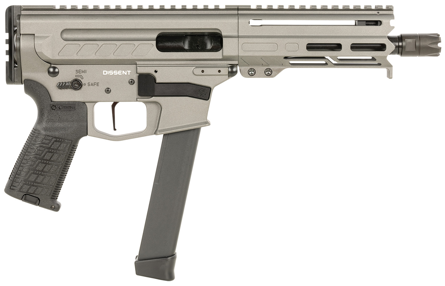 CMMG 99A68A2TNG Dissent MKGS 9mm Luger 33+1 6.50", Tungsten Gray Rec, Picatinny Brace Adapter, 5.50" M-LOK Handguard, Left Side Charging Handle, Zeroed Linear Comp, TriggerTech Trigger