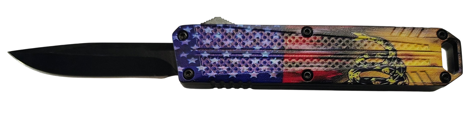 Xcaliber Knife Company Don't Tread on Me Small 2.75" OTF Drop Point Plain Black 440C SS Blade, 4.15" US Flag Aluminum Handle